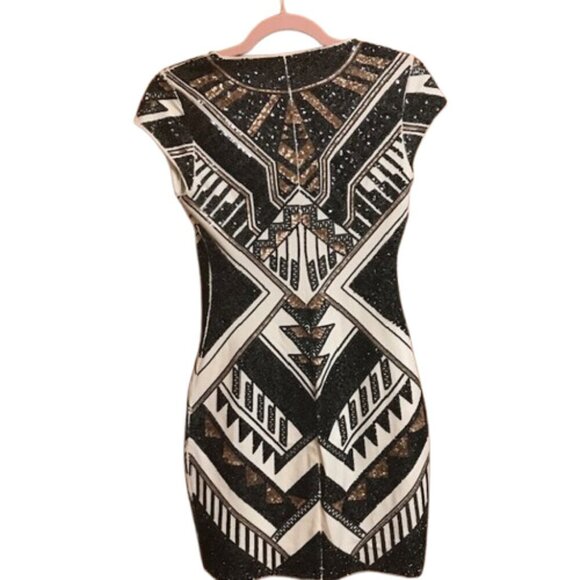 Express Geometric Sequin Bodycon Mini Dress Black White Gold Party/Cocktail XS - Picture 4 of 8